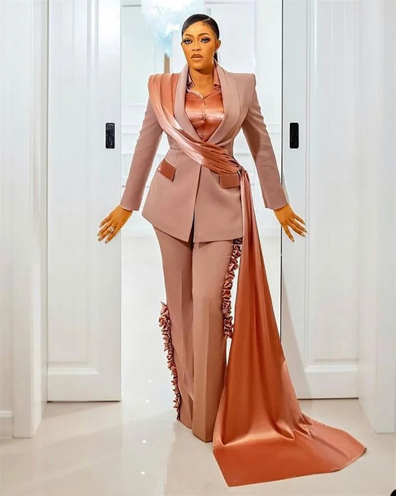 Women's V Neck Long Tail Blazer Pants Suit Two-Piece Set