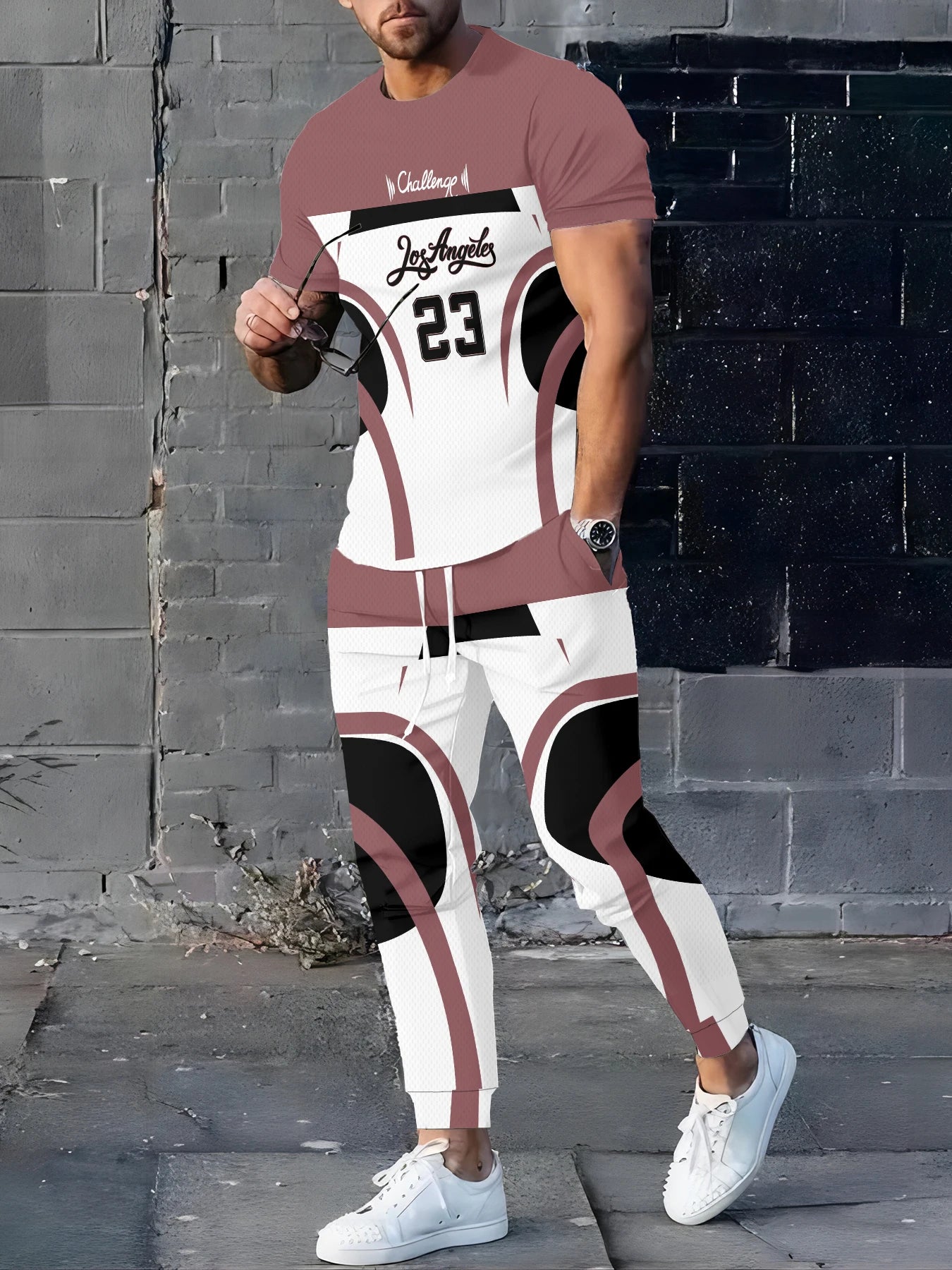 Men's Casual Digital Print T-Shirt and Pants Suit Set