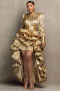 Women's Pleated Ruffle Asymmetric Long Sleeve Maxi Dress