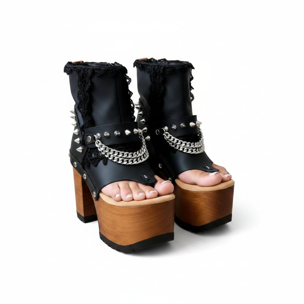 Women's Black Chain Hollow Platform Sandals Chunky Heel Peep Toe
