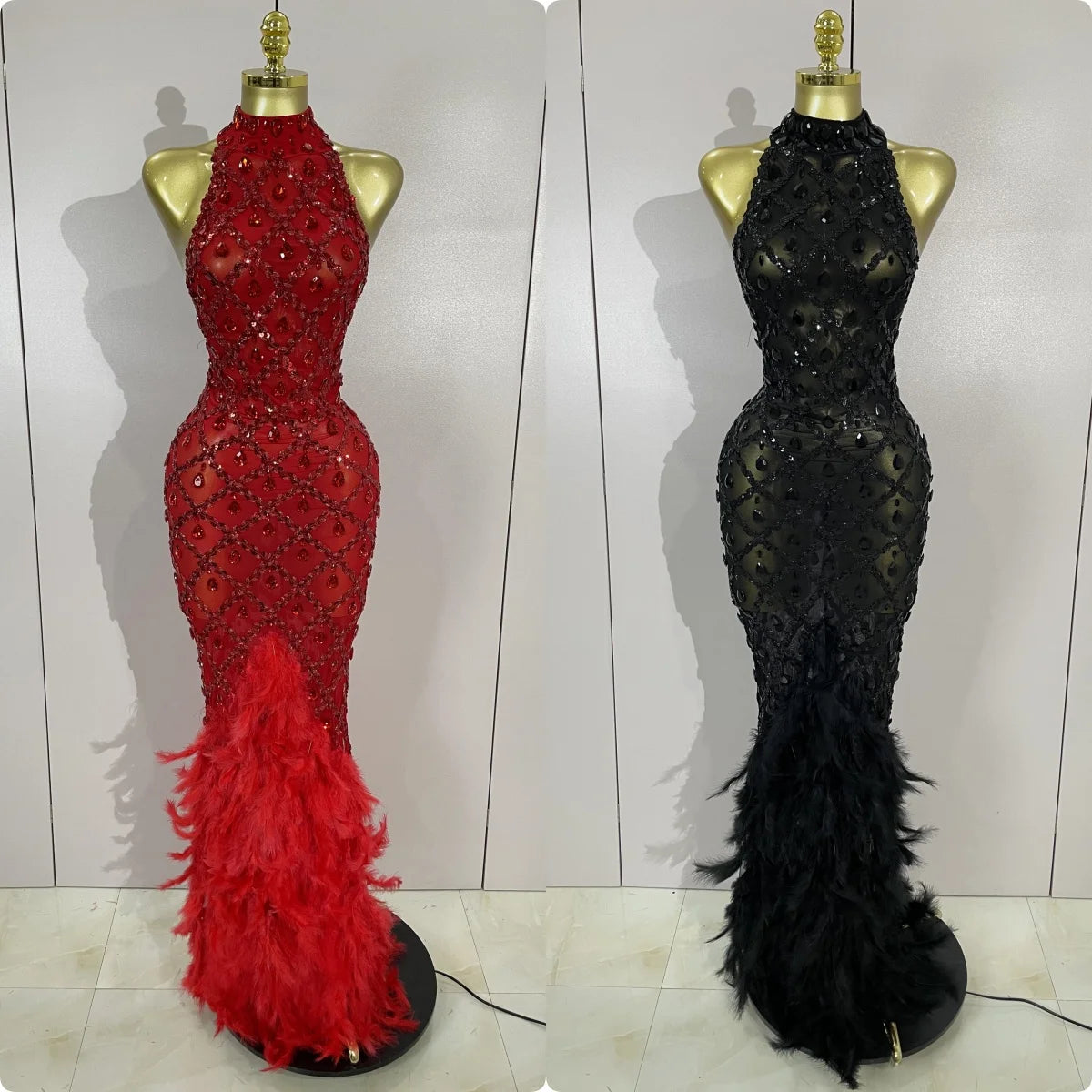 Women's Sparkly Rhinestones Feather Mesh See Through Long Dress