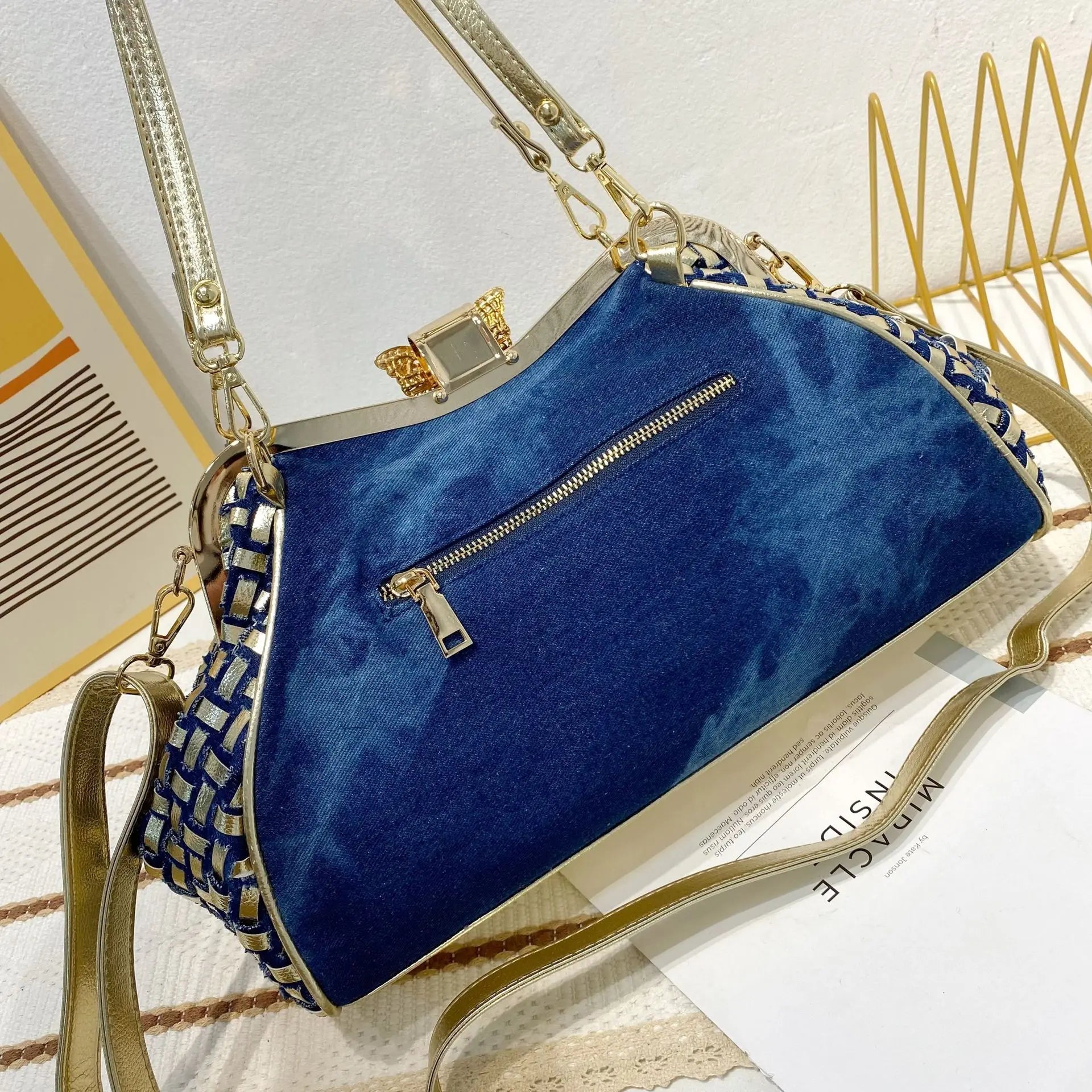 Denim Rhinestone Clutch Bag with Butterfly Decoration for Women