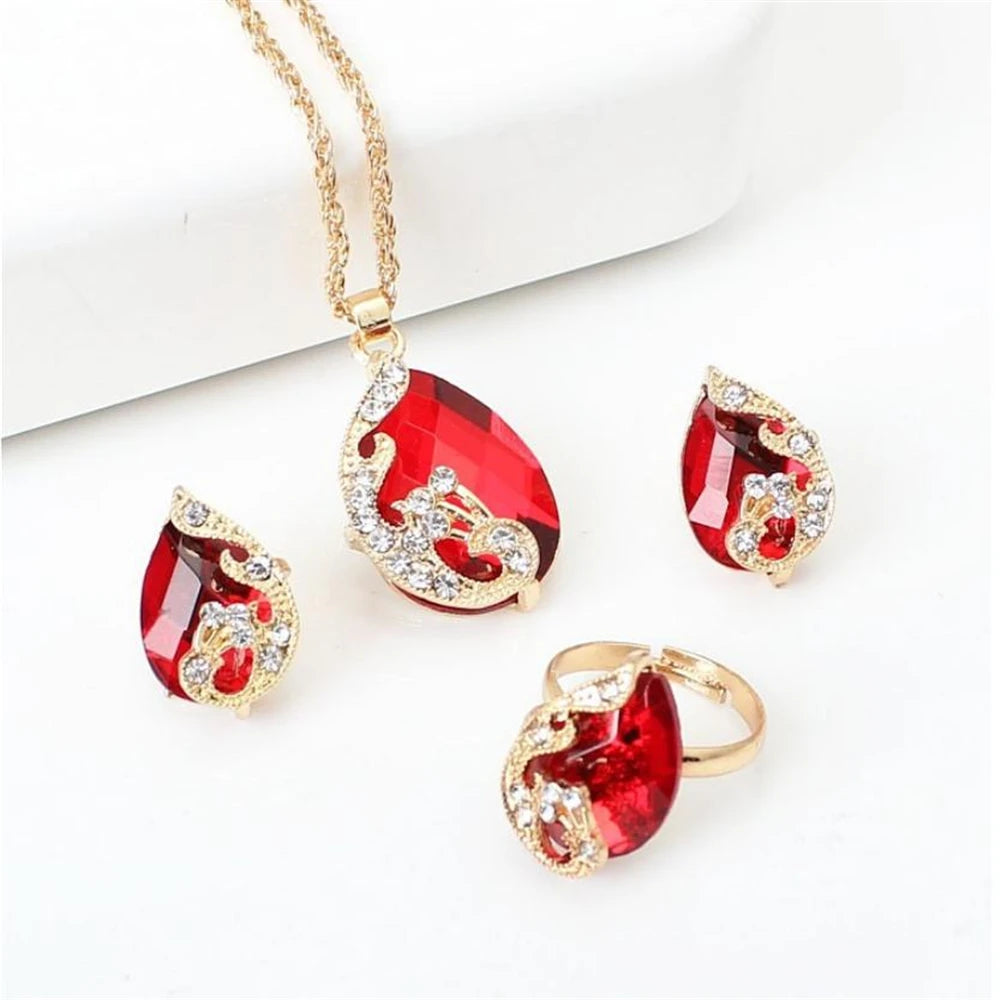Women's Fashion Elegant Double Heart Necklace Earrings Bracelet Jewelry Set