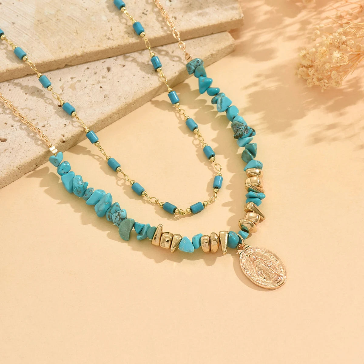 Women's Trendy Bohemian Blue Natural Stone Geometric Pendant Necklace