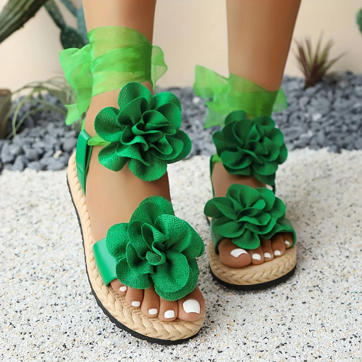 Women's Floral Applique Platform Lace-Up Sandals Flat Open Toe