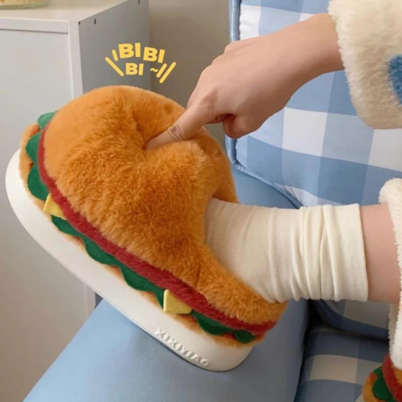 Women's Winter Warm Slippers Cute Cartoon Hamburger Home Floor Platform Shoes Thick Sole Soft Plush Indoor Fluffy Slippers