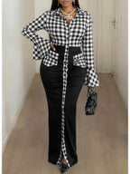 Lapel Flare Sleeve Color Block Maxi Dress and Split Street Gown