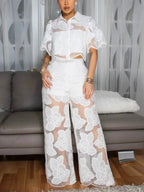 Women's Mesh Lace Cropped Shirt Wide Leg Pants Set