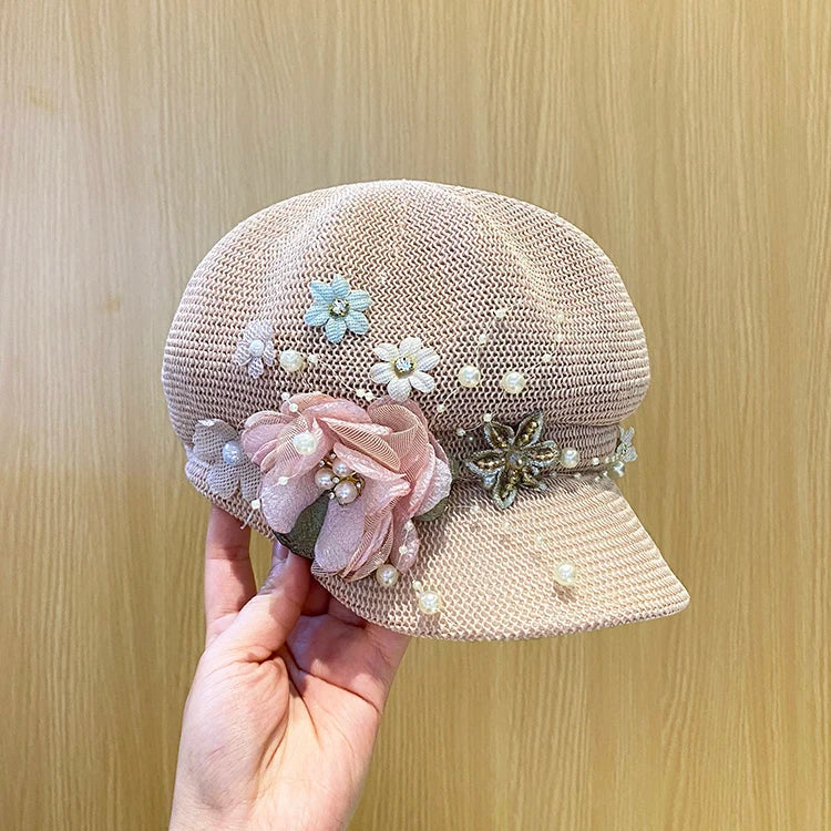 Women's Octagonal Hat with Pearl Flower Decoration