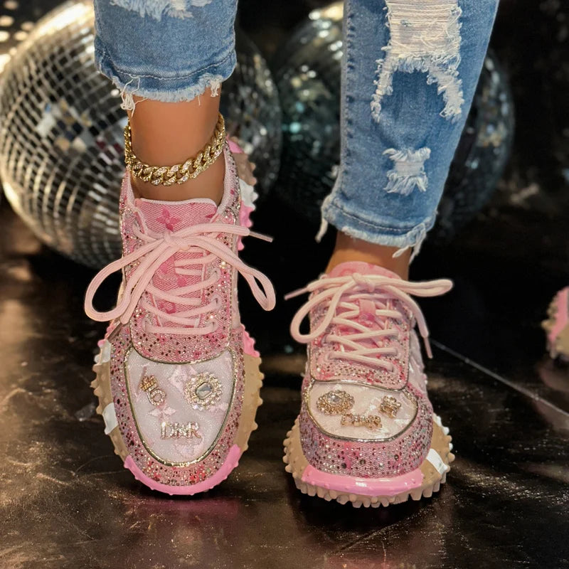 Women's Rhinestone Platform Sneakers Lace-Up Casual Skateboard Shoes