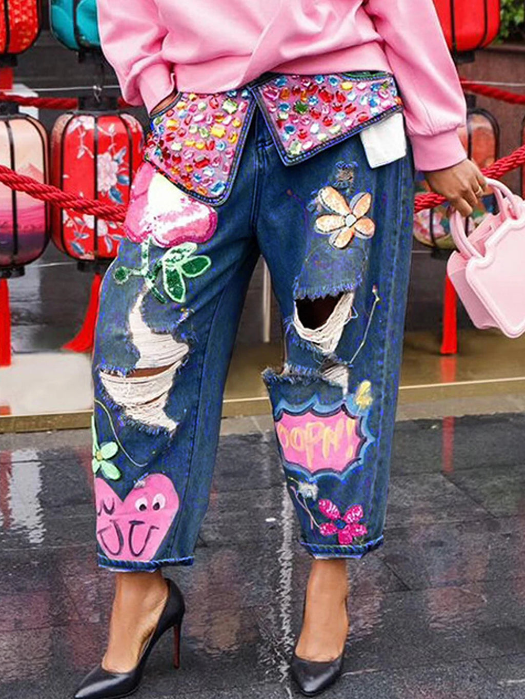 Women's Floral Embroidery Beaded High Waist Loose Jeans