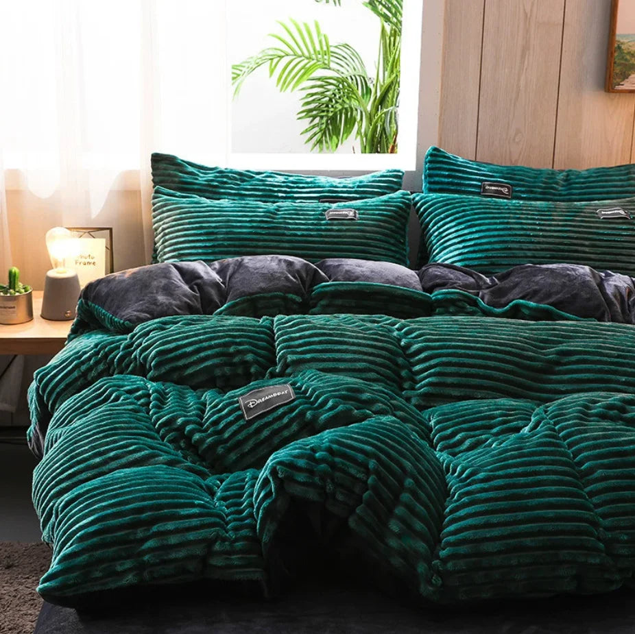 Warm Coral Fleece Duvet Cover and Plush Bedding Set