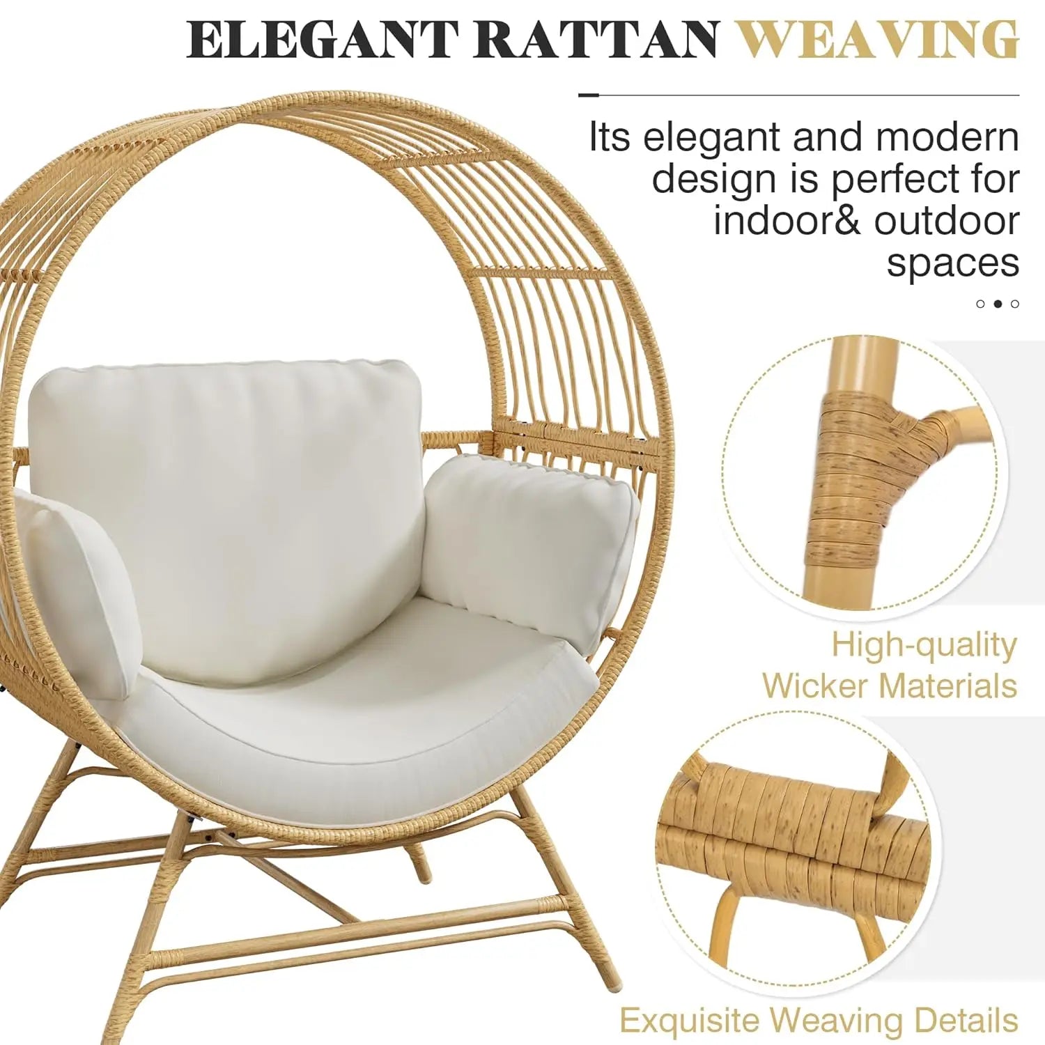 Oversized Rattan Egg Basket Chair with Thickened Cushions