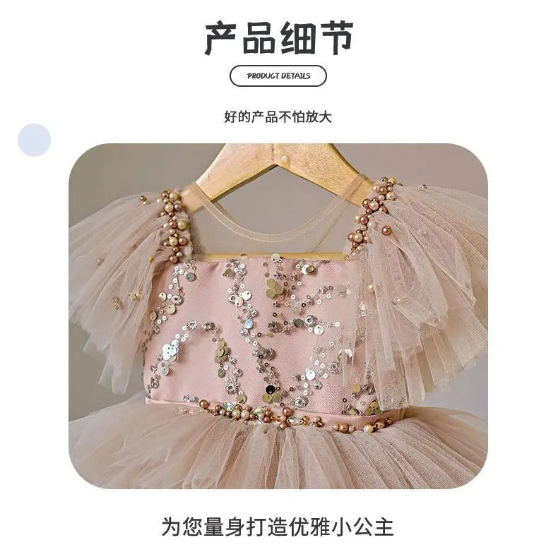 Girls' Sequined Fluffy Mesh Bow Princess Dress