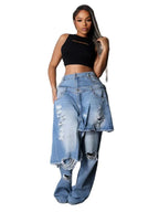 Women's Vintage High Waist Ripped Cutout Denim Jeans Pants