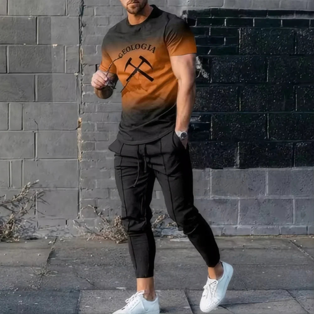 Men's Casual 3D Print T-Shirt and Pants Suit Set