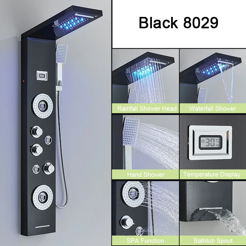 LED Rainfall Shower Panel Tower System with Massage Jets
