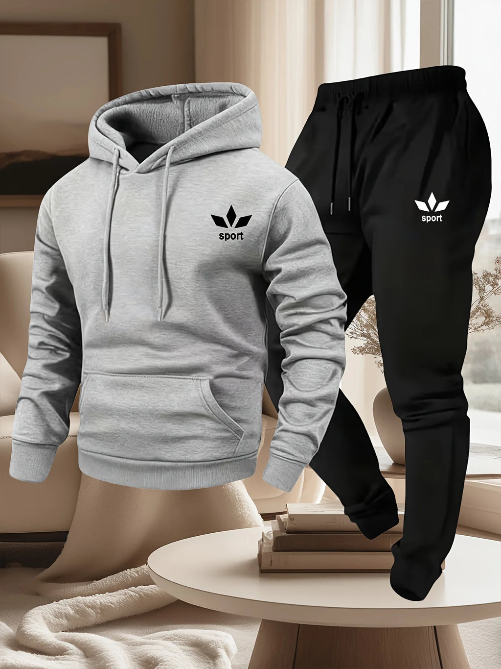 Men's Warm Fleece Lined Printed Hoodie and Jogger Pants Tracksuit Set