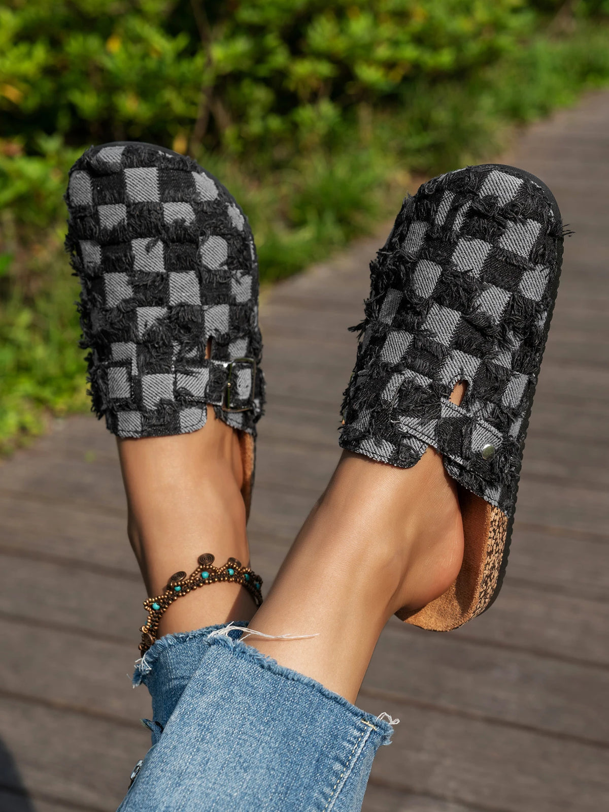 Women's Denim Flat Heel Buckle Slippers in Color-Blocked Design