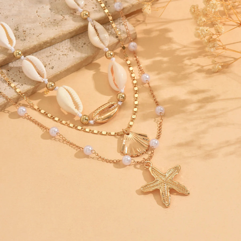 Women's Fashion Bohemian Layered Shell Starfish Pearl Necklace Set