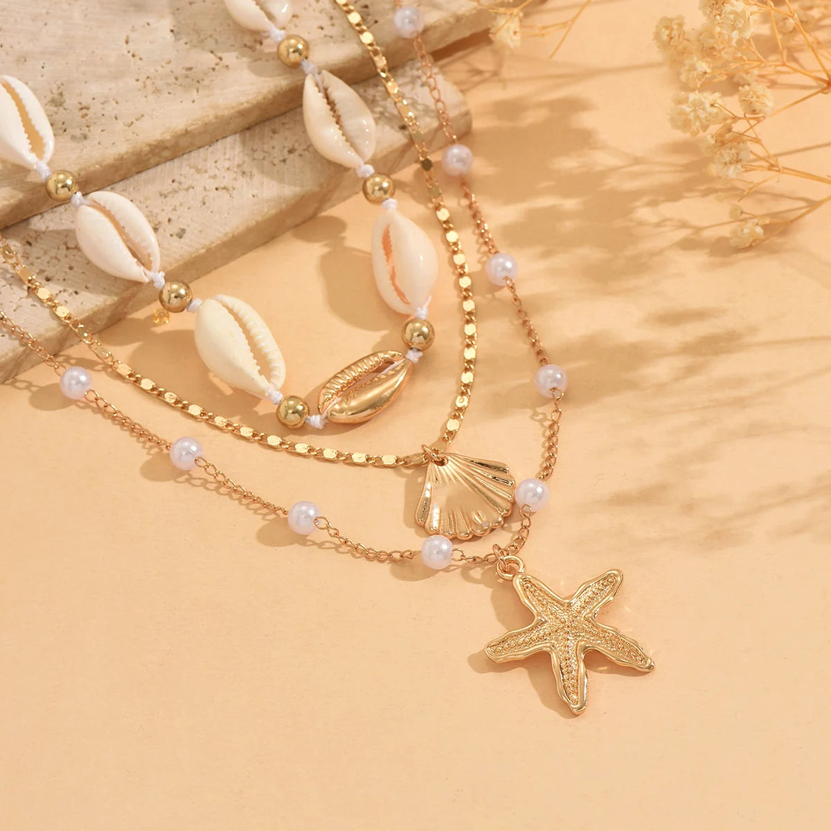 Women's Fashion Bohemian Layered Shell Starfish Pearl Necklace Set