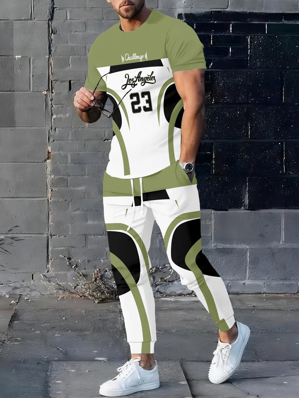Men's Casual Digital Print T-Shirt and Pants Suit Set