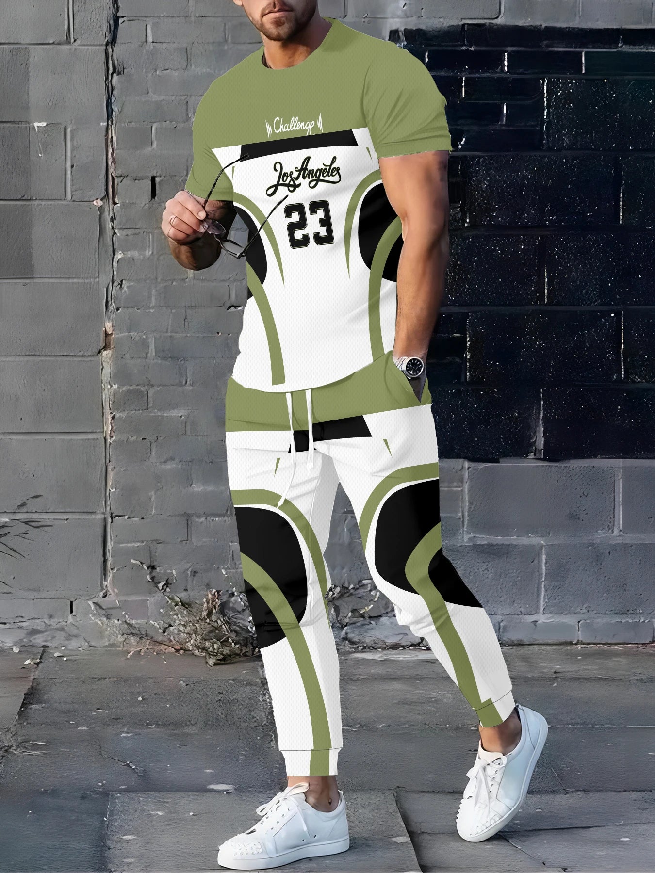 Men's Casual Digital Print T-Shirt and Pants Suit Set