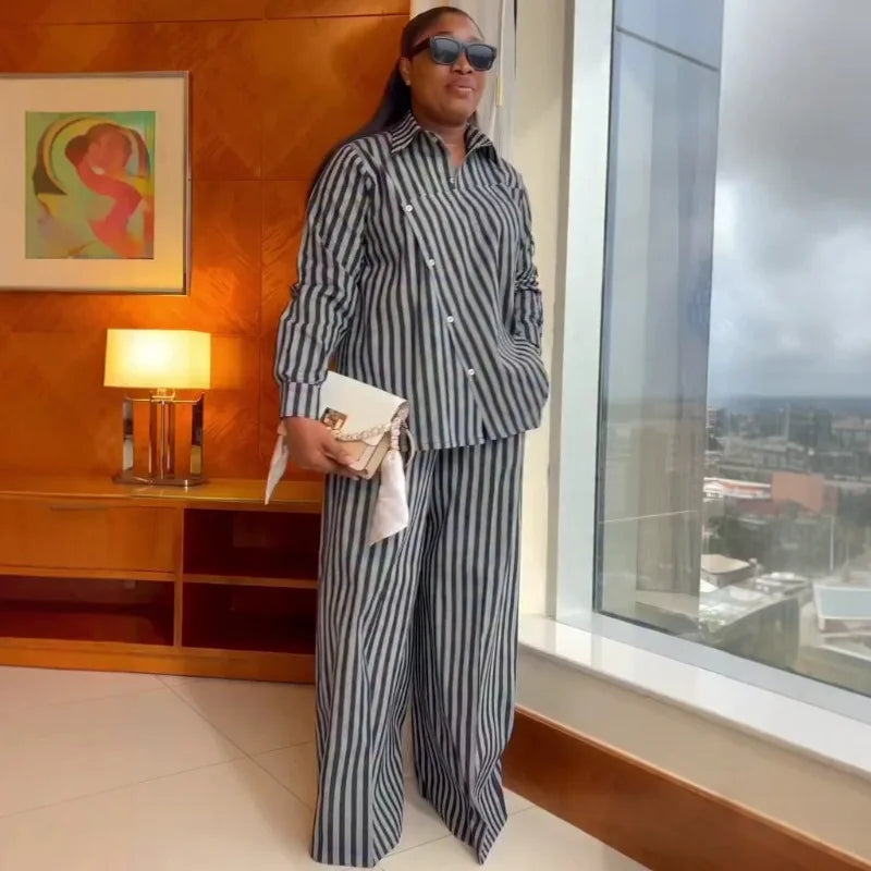 Women's Striped Button Shirt Wide Leg Pants Set