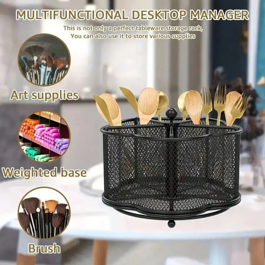 Rotating Metal Utensil Holder and Mesh Flatware Organizer