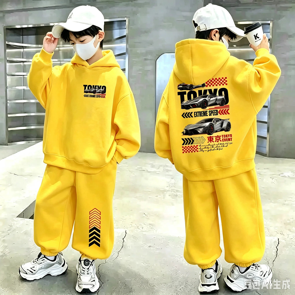 Boys' Racing Print Long-Sleeve Hoodie Shorts Two-Piece Set