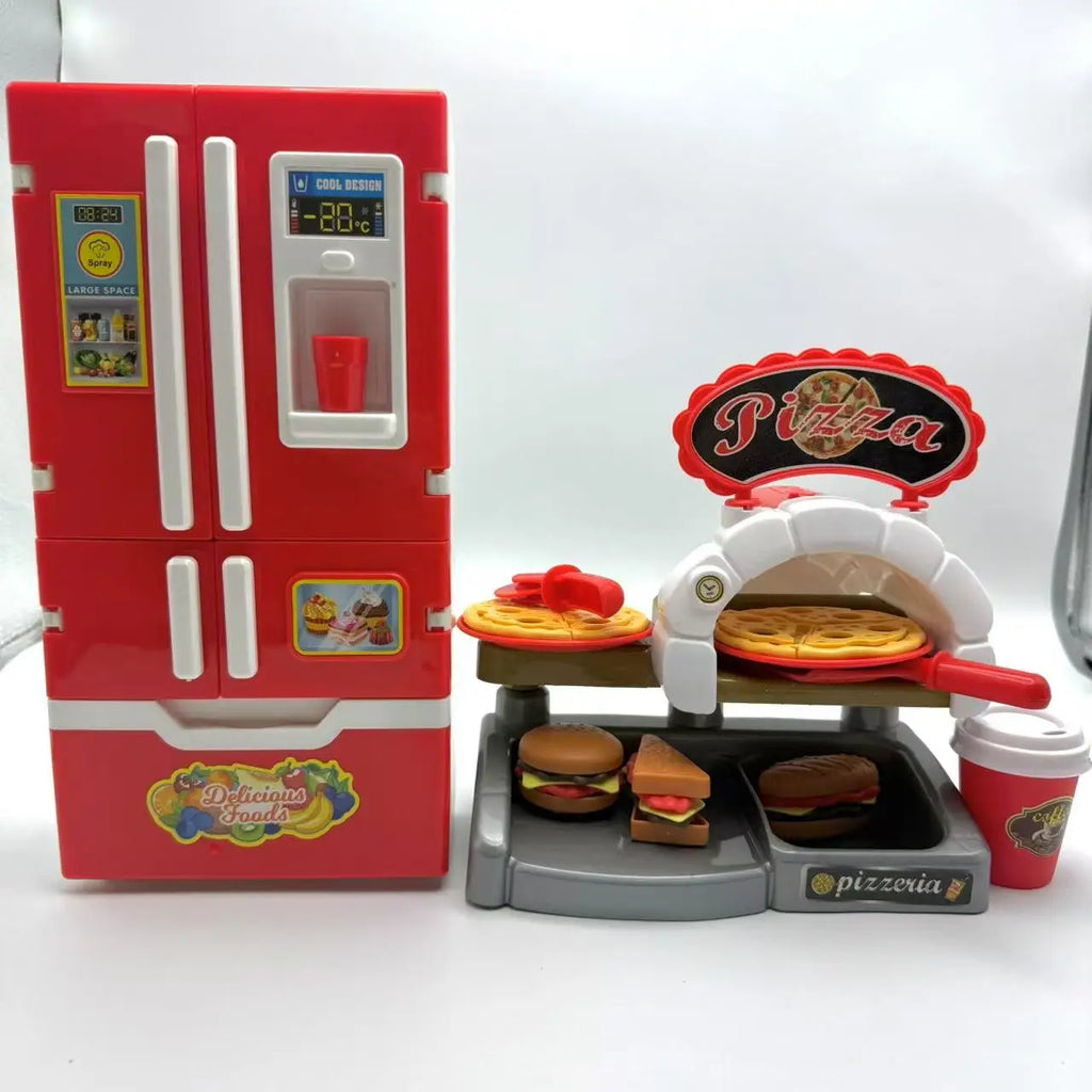 Kids' Pretend Play Kitchen Set with Spray Vapor Mini Fridge and Fast Food