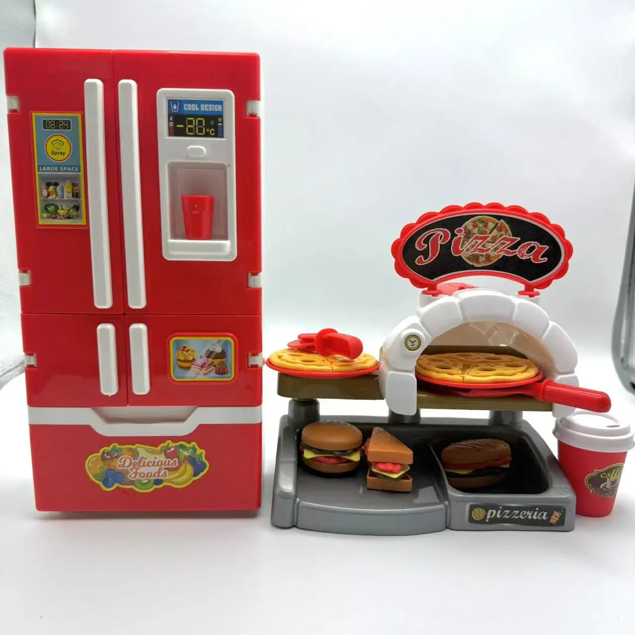Kids' Pretend Play Kitchen Set with Spray Vapor Mini Fridge and Fast Food