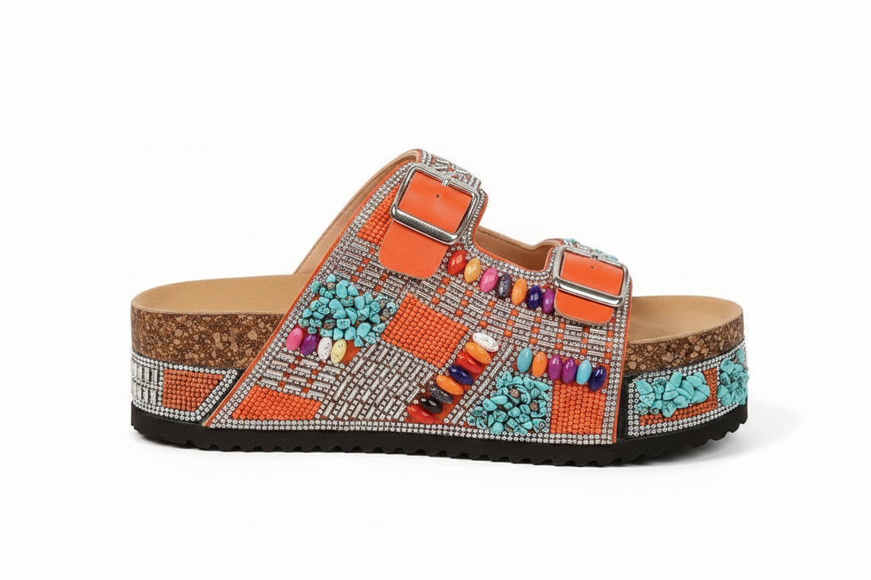 Women's Rhinestone Beaded Platform Wedge Sandals Buckle Strap Slides