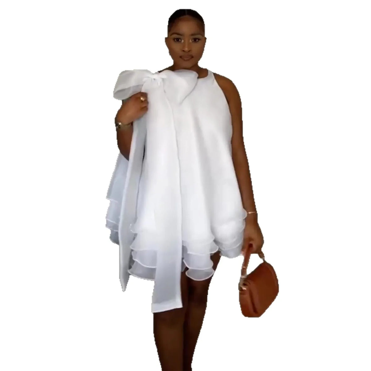 Women's Elegant Sleeveless Ruffle Bowneck White Mini Dress