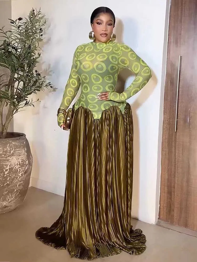 Women's Elegant High Waist Pleated Maxi Dress