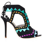 Women's Triangle Patchwork Beaded Lace-Up Sandal Boots