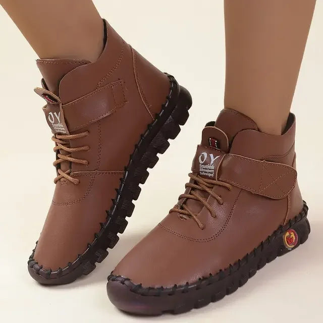 Women's Winter Flat Ankle Boots Short Plush Lining Round Toe Hook & Loop