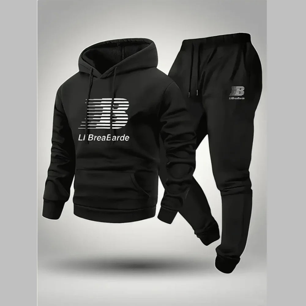 Men's Casual Print Hoodie and Lace-Up Running Pants Set