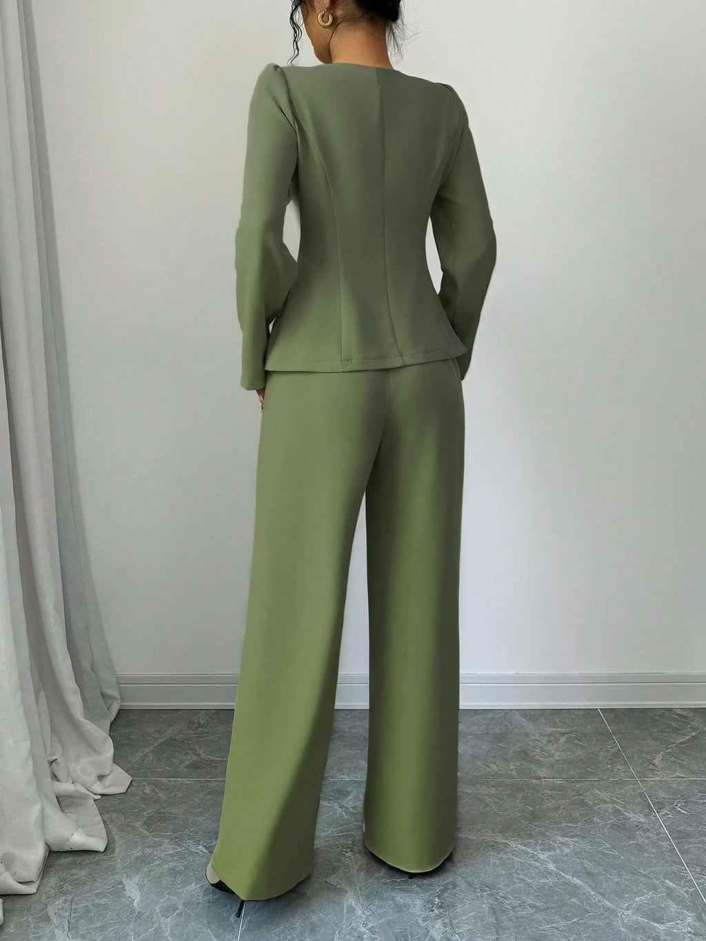 Women's Square Neck Blazer Wide Leg Pants Suit