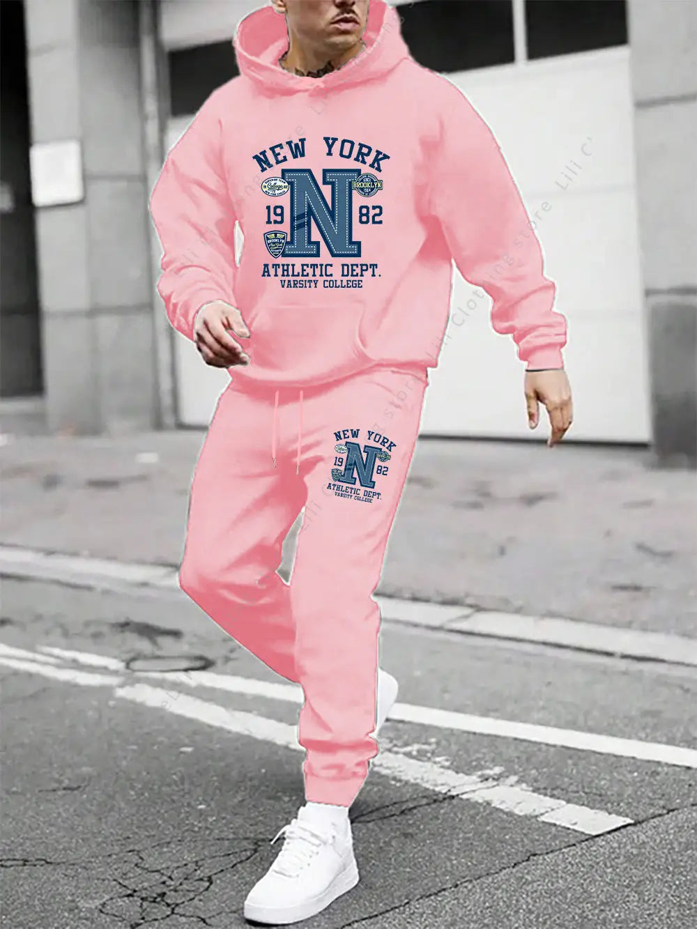 Men's Casual Gothic Letter Print Hoodie and Pants Two Piece Tracksuit Set