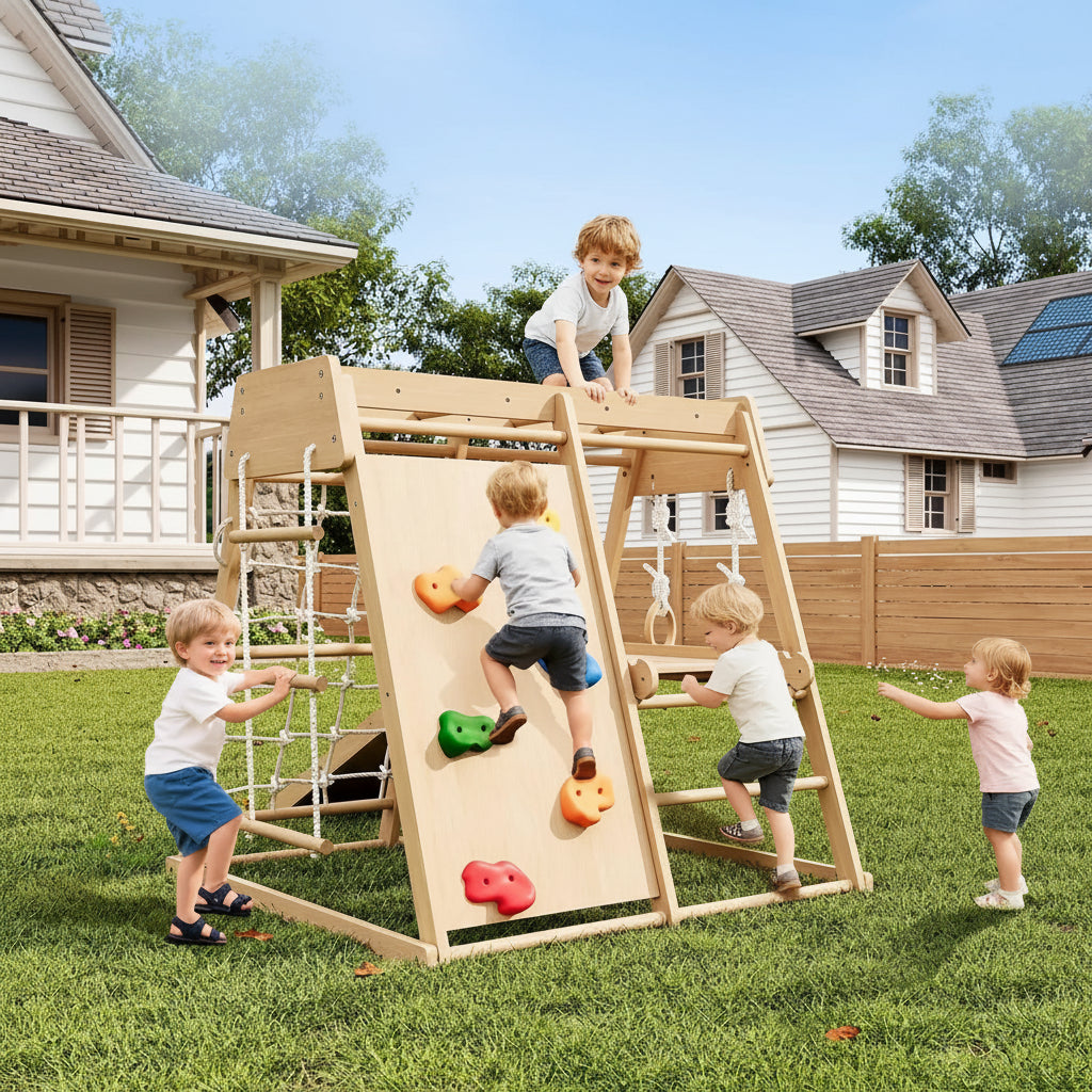 Kids 6 in 1 Wooden Indoor Jungle Gym Slide Climber Playset Toy Set