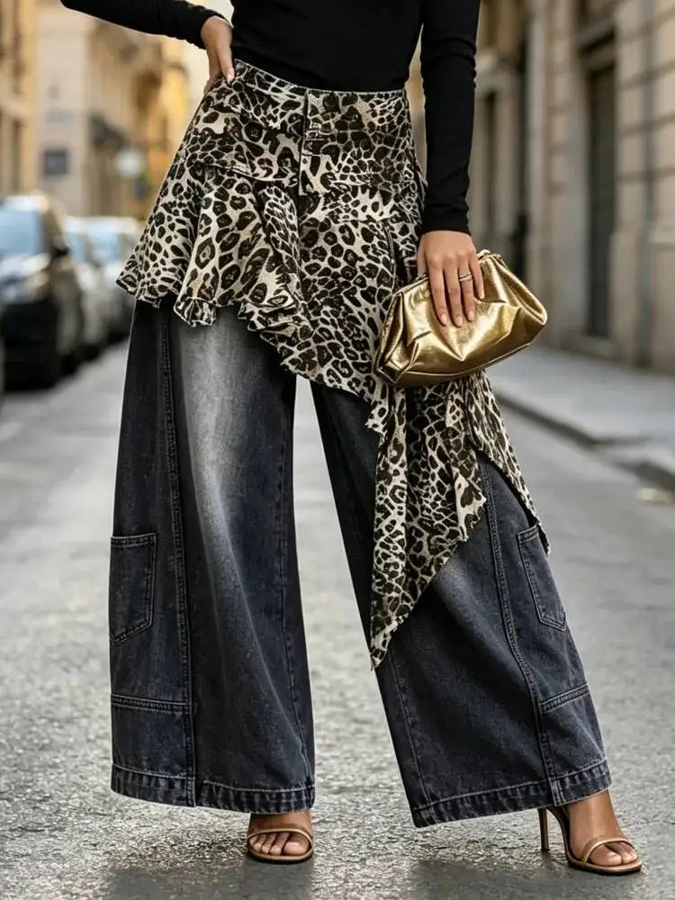 Women's Leopard Patchwork Baggy Loose Wide Leg Jeans