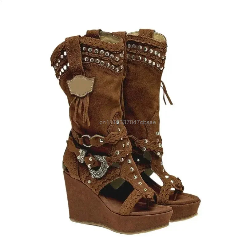 Women's Western Cowboy Wedge Sandals Tassel Fringe Rivet Platform Open Toe High Heel Casual Shoes