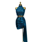 Women's Sexy Rhinestone Sequined Backless Top and Skirt Two Piece Set