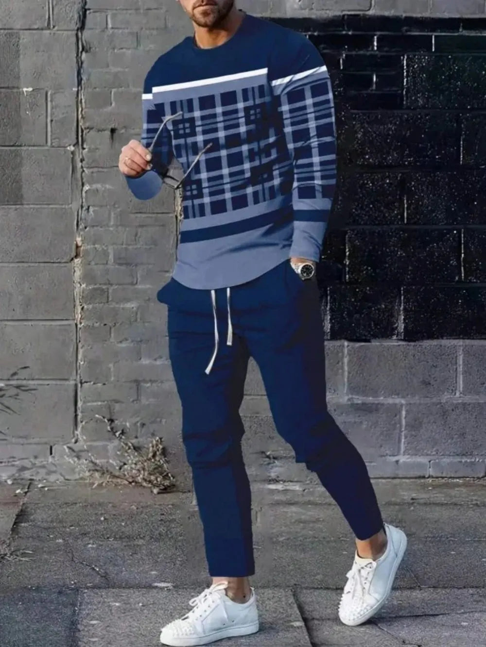 Men's Casual Striped Print Round Neck Shirt and Pants Set