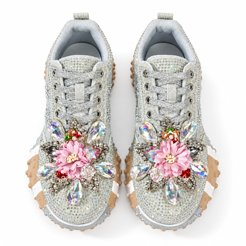 Women's Rhinestone Platform Sneakers Diamond Lace-Up Casual Skateboard Shoes