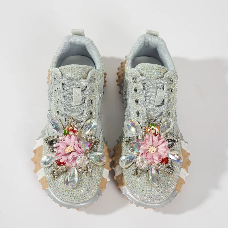 Women's Rhinestone Platform Sneakers Diamond Lace-Up Casual Skateboard Shoes