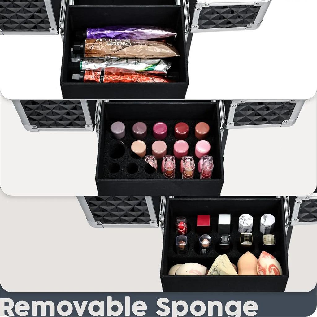 Rolling Makeup Case Cosmetic Travel Trolley with 4 Sliding Trays