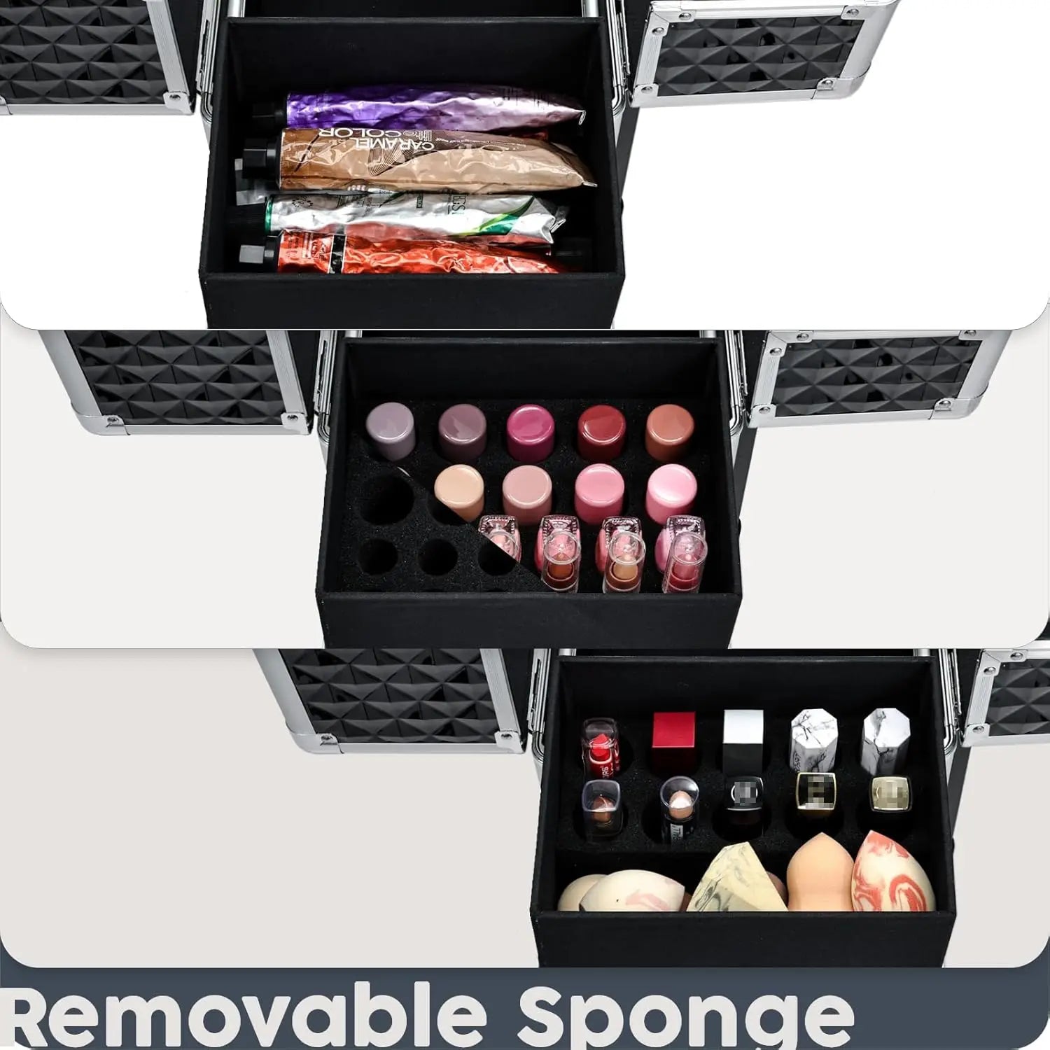 Rolling Makeup Case Cosmetic Travel Trolley with 4 Sliding Trays