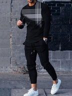 Men's Casual Striped Print Round Neck Shirt and Pants Set